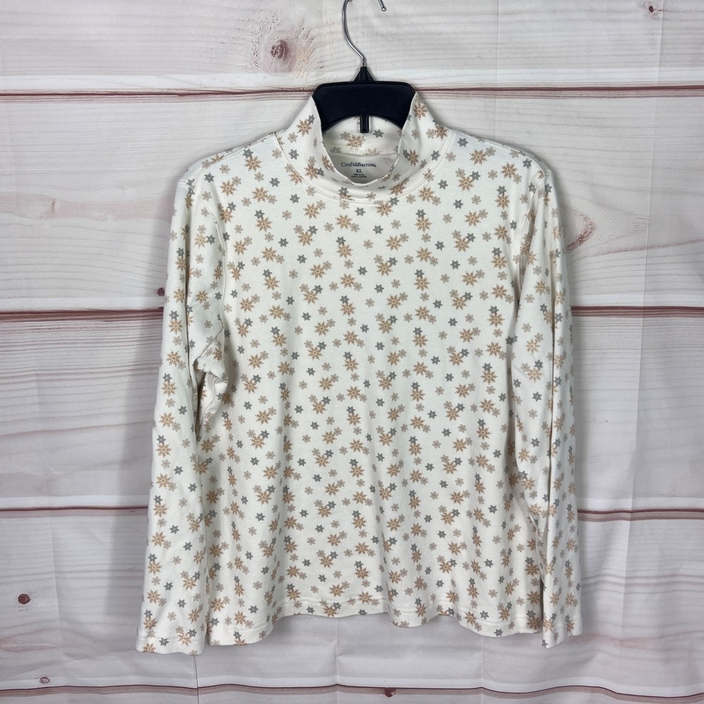 Croft & Barrow Top Womens XL White Snowflake Print T-Shirt Mock Neck Long Sleeve